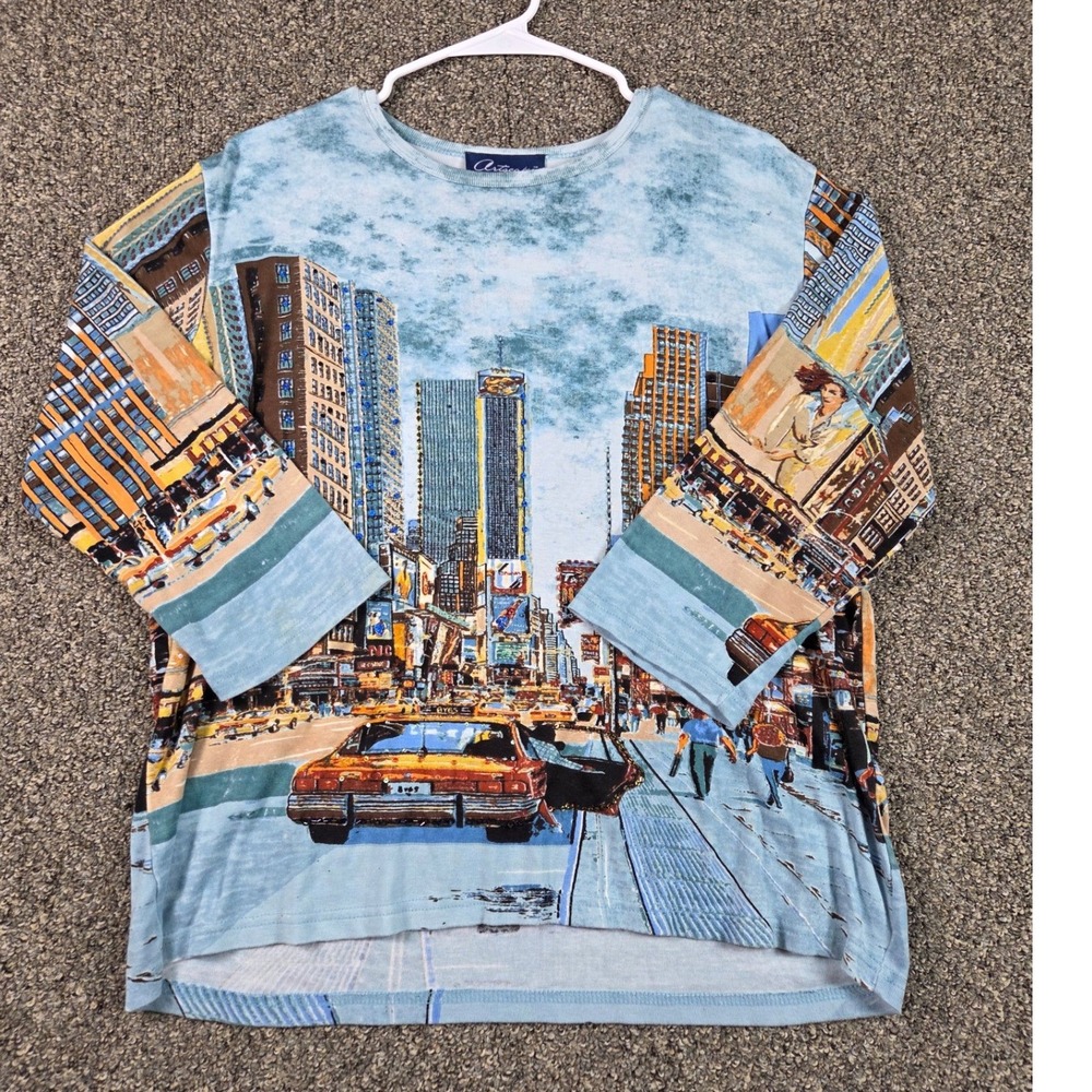Artscapes Graphic Top Women Large Blue NYC Cityscape Taxi 3/4 Sleeve Tee
